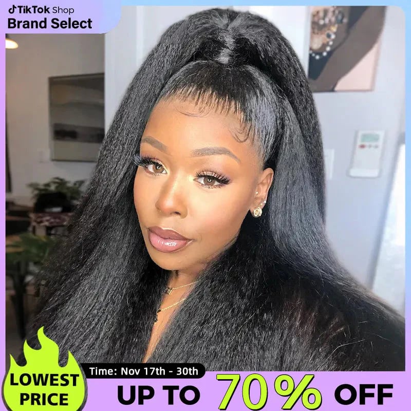 Sale Happening Now:50%OFF Pre-Cut Lace Kinky Straight 360 Full Lace Frontal Glueless Wig With Invisi Drawstring Pre Plucked Human Hair Wig