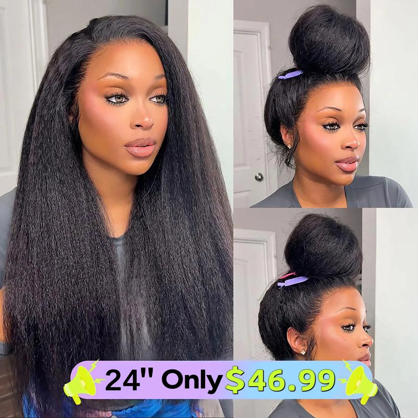 Sale Happening Now:50%OFF Pre-Cut Lace Kinky Straight 360 Full Lace Frontal Glueless Wig With Invisi Drawstring Pre Plucked Human Hair Wig